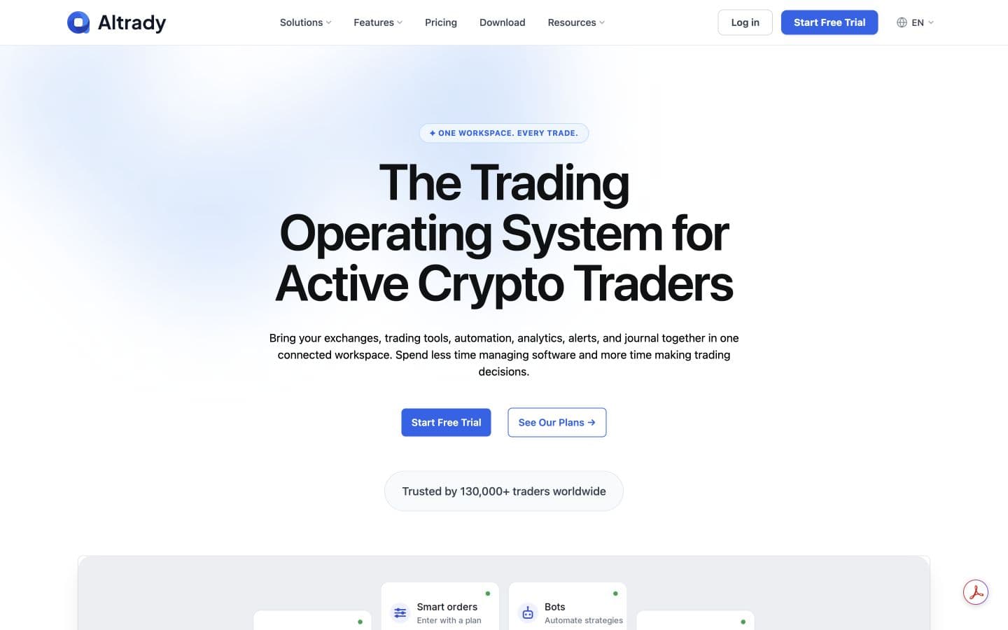 Altrady crypto trading platform homepage
