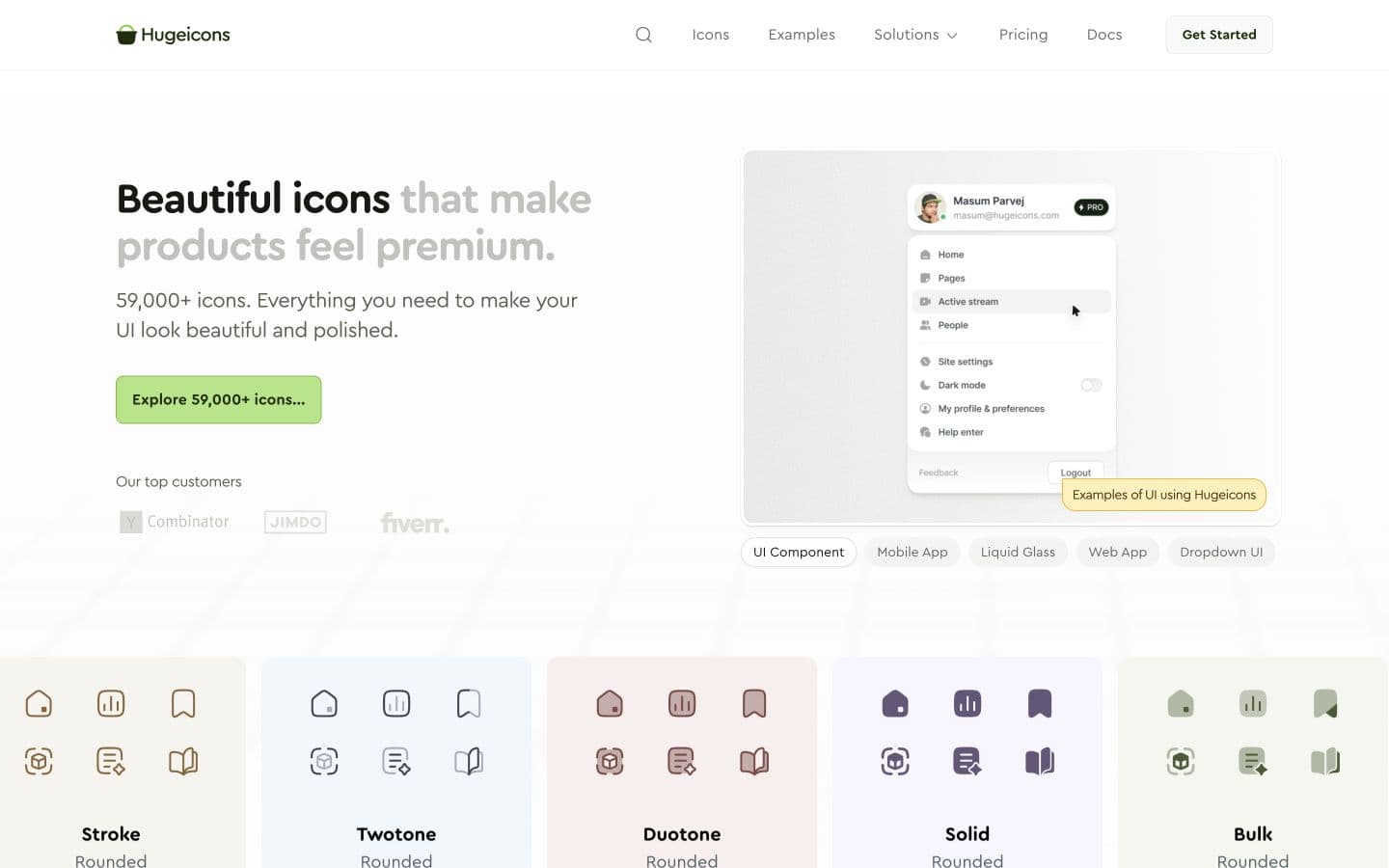 Hugeicons homepage showing its icon library for designers and developers
