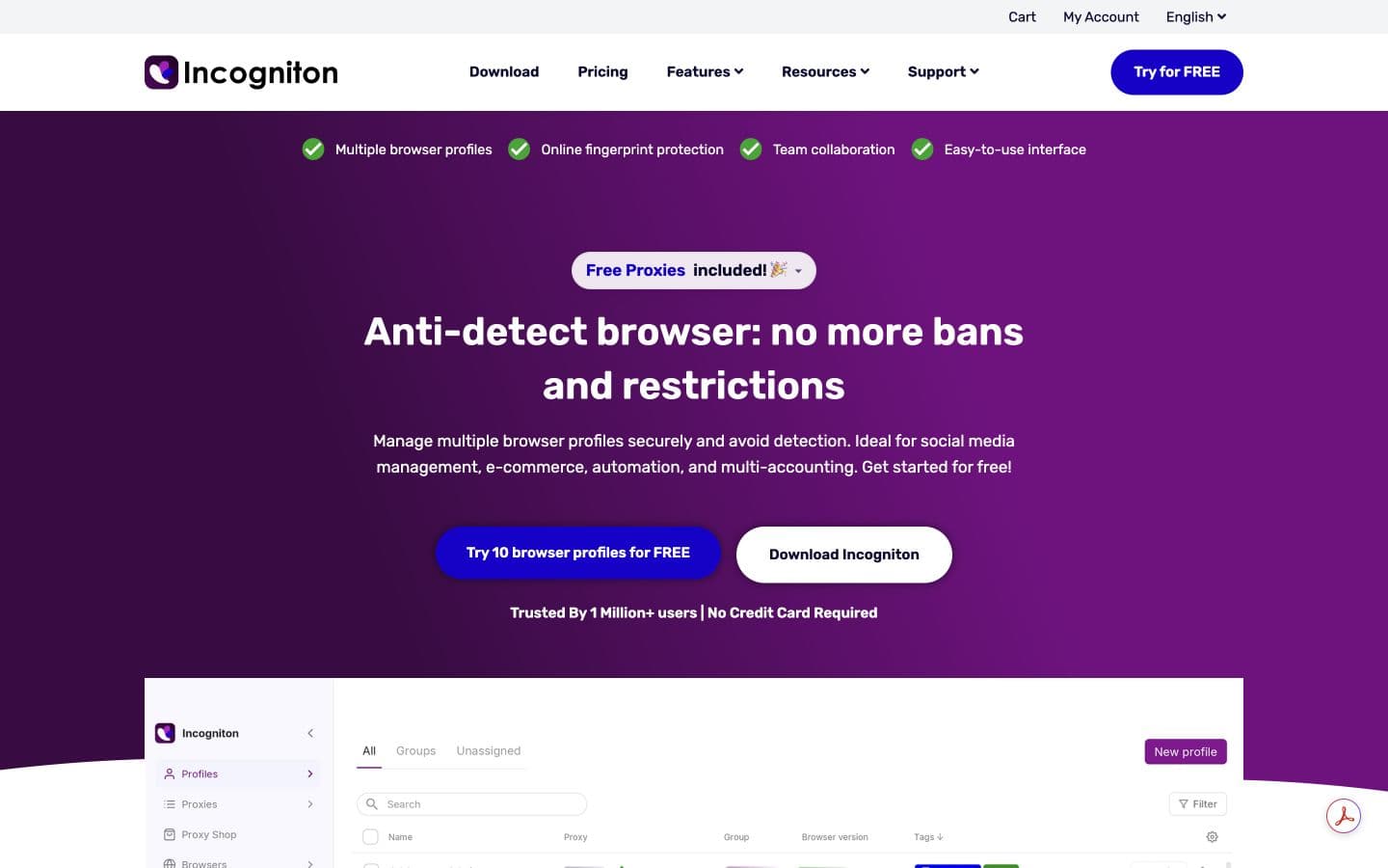 Incogniton browser product homepage