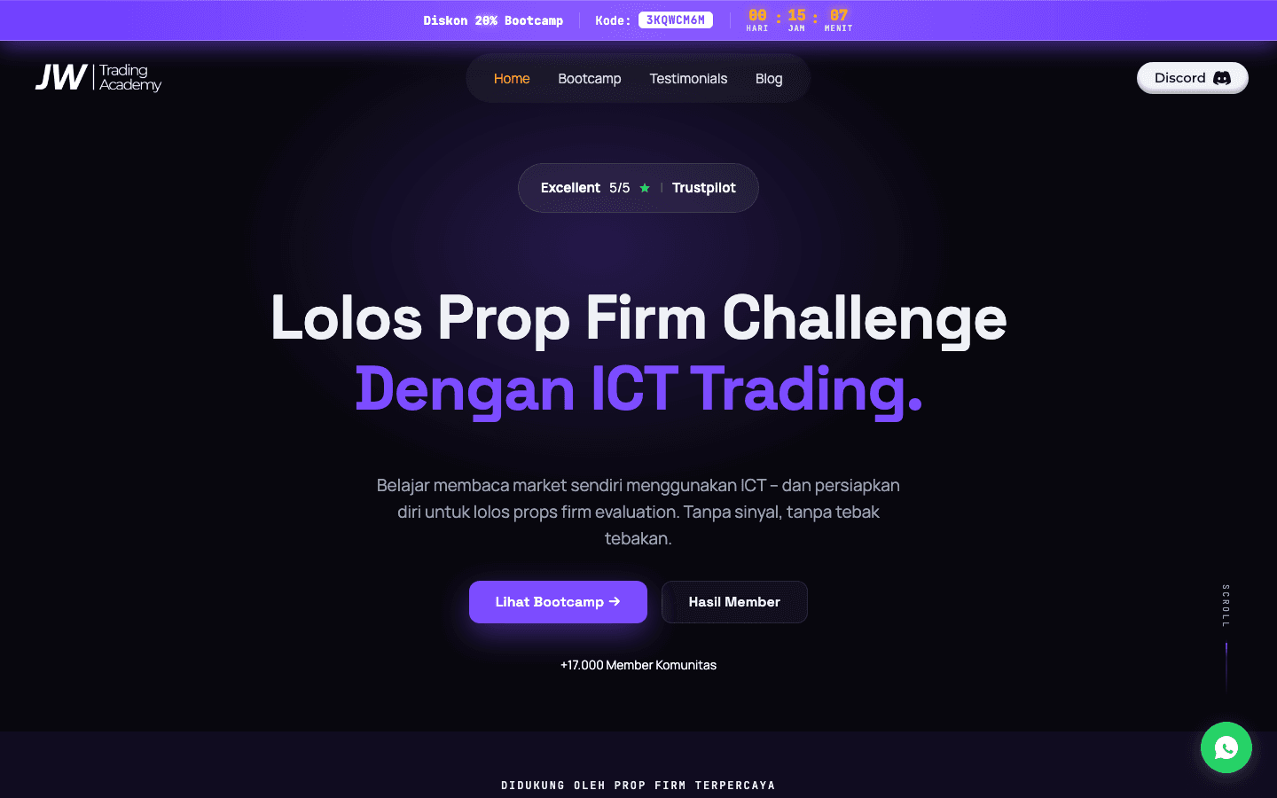JW Trading Academy homepage showing its ICT trading education program